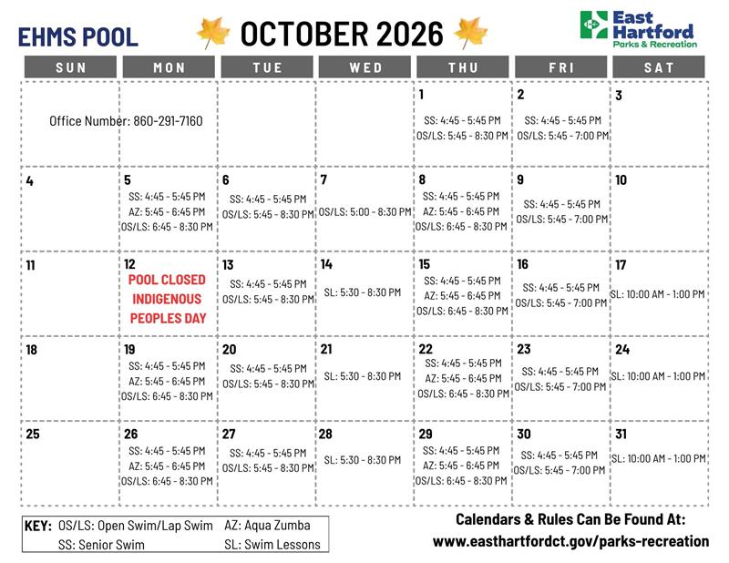 October 2026 Pool Schedule